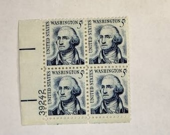 George Washington Blue 5 Cent US Stamp, Numbered Plate Block, Never Hinged Stamp, Unused Vintage Stamps, Stamp Collecting, Mint Stamps, USPS