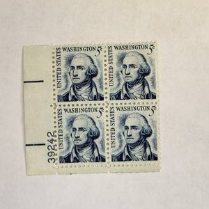 George Washington Blue 5 Cent US Stamp, Numbered Plate Block, Never Hinged Stamp, Unused Vintage Stamps, Stamp Collecting, Mint Stamps, USPS image 1