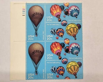 USA Hot Air Ballooning 20 Cent Stamp, Numbered Plate Block, Never Hinged Stamp, Unused Vintage Stamps, Stamp Collecting, Mint Stamps, USPS
