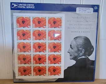 Georgia O'Keeffe Red Poppy Stamp Sheet, US Stamp Collector, Mint Condition Stamps, Vintage Postal Stamps, Sheet of 15 Stamps, 32 Cent Stamps