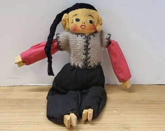 Vintage Peg People Doll by Artist Carolyn Sandoval Hughes, Clothespin Doll, American Heritage Folk Art, Albuquerque New Mexico Estate Sale