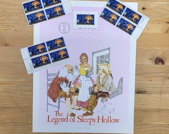 The Legend Of Sleepy Hollow, First Day Of Issue Stamp, American Postal Art Library, Numbered Plate Block, 1974 US Stamp, USPS Vintage Stamp