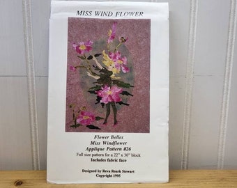 Reva Roark Stewart Flower Belles, Miss Wind Flower Applique Pattern #26, Hand Painted Face Included, 22" x 30" Block, Experience Recommended