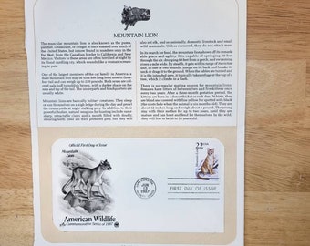Mountain Lion First Day Of Issue Stamp Envelope, 22 Cent Stamp, Mint Condition Stamp, Postal Commemorative Society Series of 1987, US Stamps