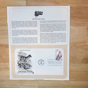 Mountain Lion First Day Of Issue Stamp Envelope, 22 Cent Stamp, Mint Condition Stamp, Postal Commemorative Society Series of 1987, US Stamps