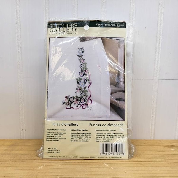 Stitcher's Gallery, Stamped Pillowcase, Embroidered Pillowcase, Flower Embroider Kit, Floral Stitching, Stitched Pillowcases, Purple Flowers