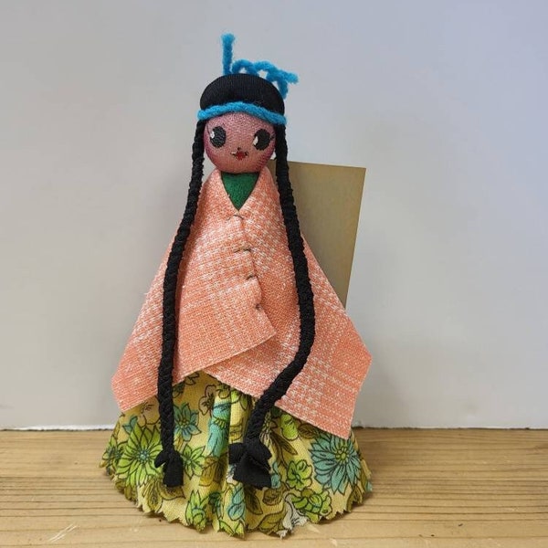 Vintage Native American Peg People Doll by Artist Carolyn Sandoval Hughes, Indian Clothespin Doll, Handmade Heritage Folk Art Doll, Estate