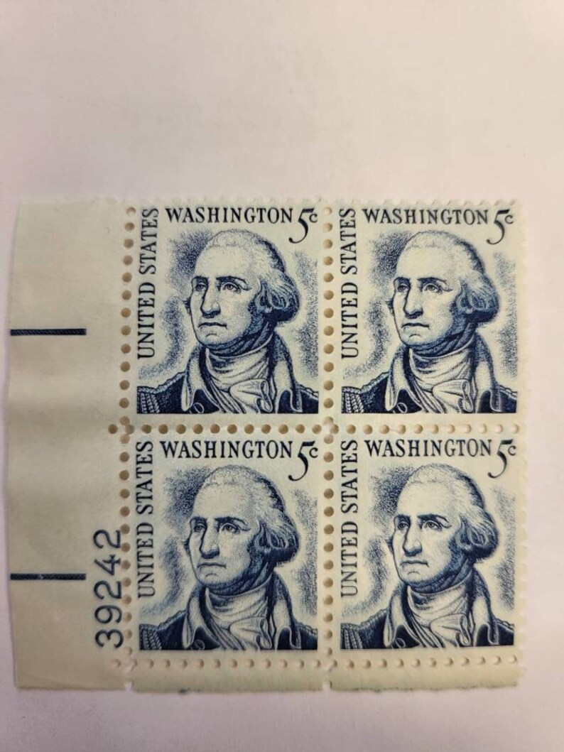 George Washington Blue 5 Cent US Stamp, Numbered Plate Block, Never Hinged Stamp, Unused Vintage Stamps, Stamp Collecting, Mint Stamps, USPS image 2