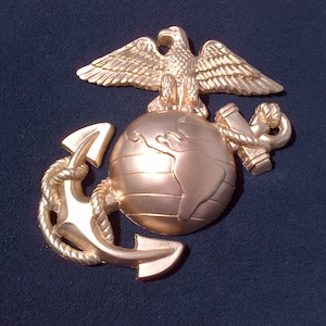 May include: A gold-colored metal emblem featuring an eagle perched atop a globe, with an anchor wrapped around the globe. The eagle has its wings spread wide, and the anchor is positioned at the bottom of the globe.