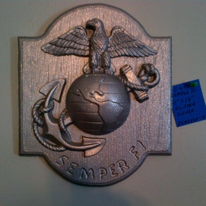 Marine Corps Semper Fidelis Wall Plaque Molded Durable Hard Plastic Silver Glitter Finish