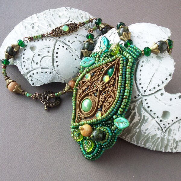 Ethnic pendant "Heart of the Forest" - forest theme - Spring