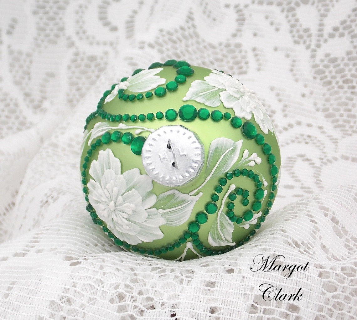 Lime Green Ornament With White Texture Florals and Bling Etsy