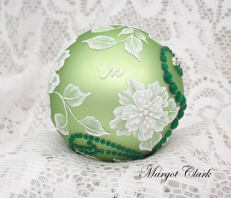 Lime Green Ornament With White Texture Florals and Bling Etsy