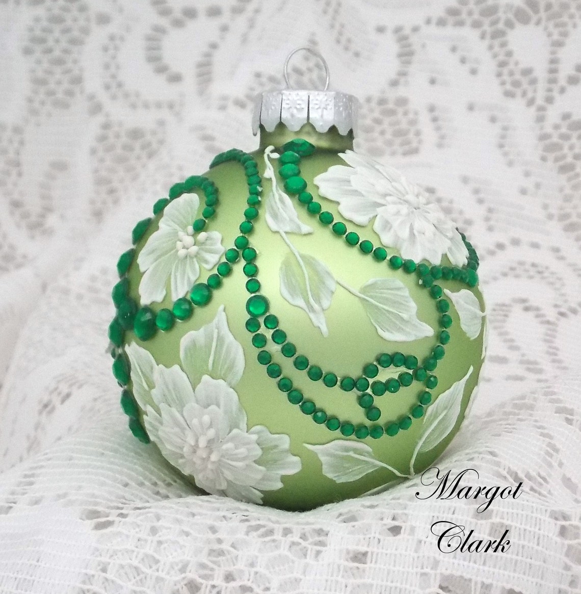 Lime Green Ornament With White Texture Florals and Bling Etsy