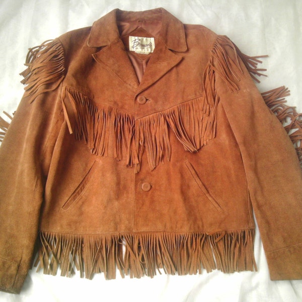 Vintage Leather Jacket Suede Fringe Coat Shirt Western Cowboy Men Large XL Women Brown Bermans Native Indian Buckskin Hippie Boho Retro