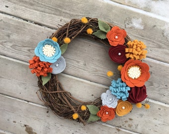 Fall Wreath, Felt Flower Wreath, Orange Blue Mustard Burgundy Fall Wreath, Autumn Wreath, Rustic Wreath