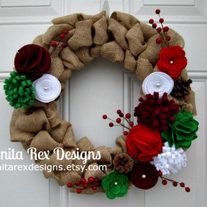 Christmas Wreath, Burlap Wreath, Door Wreath, Felt Flower Wreath image 1