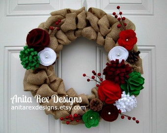 Christmas Wreath, Burlap Wreath, Door Wreath, Felt Flower Wreath