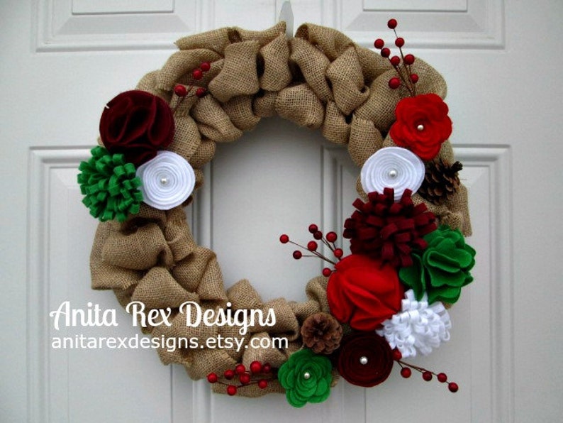 Christmas Wreath, Burlap Wreath, Door Wreath, Felt Flower Wreath image 1