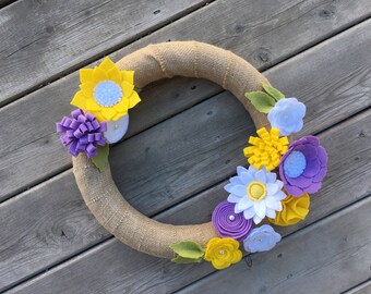 Spring Wreath, Lavender Yellow Felt Flower Wreath, Handmade Wreath, Front Door Wreath, Spring Decor