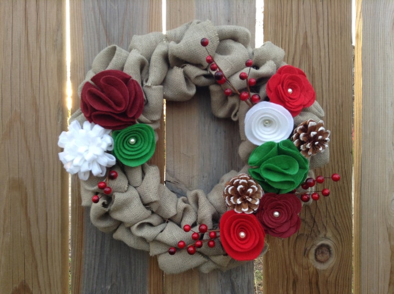 Christmas Wreath, Burlap Wreath, Door Wreath, Felt Flower Wreath image 2