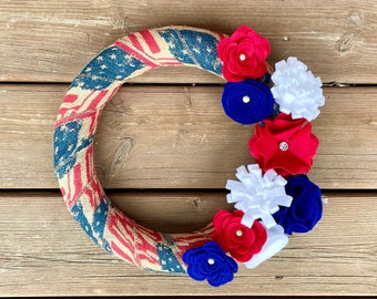 Patriotic Wreath, USA Wreath, Red White and Blue Wreath 4th of July Wreath, Felt Flowers