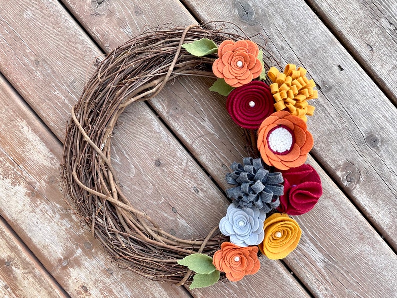 Fall Wreath, Fall Felt Floral Wreath, Thanksgiving Wreath, Fall Grapevine Wreath, Rustic Fall Wreath, Handmade Wreath, Fall Decor, image 1