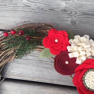 Christmas Wreath, Christmas Felt Flower Wreath, Christmas Grapevine Wreath, Christmas Decor, Rustic Christmas Wreath image 7