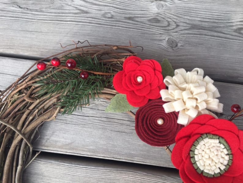 Christmas Wreath, Christmas Felt Flower Wreath, Christmas Grapevine Wreath, Christmas Decor, Rustic Christmas Wreath image 7