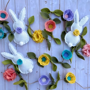 Easter Garland, Bunny Garland, Felt Flower Garland, Spring Greenery Garland