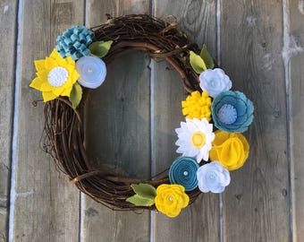 Easter Wreath, Spring Wreath, Grapevine Wreath, Rustic Wreath, Yellow Blue Felt Flowers, Felt Floral Wreath, Front Door Wreath, Easter Decor