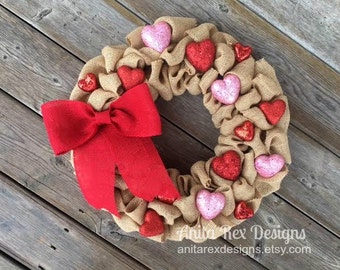 Valentine Wreath, Heart Wreath, Valentines Day Decor, Heart Burlap Wreath