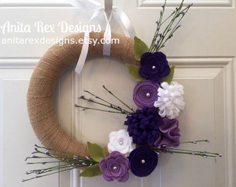 Spring Burlap Wreath, Lavender, Purple Felt Flower Wreath, Spring Wreath, Handmade Wreath