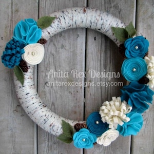 Yarn Wreath, Birch Yarn Wreath, Aqua Teal Cream Felt Flowers, Handmade Wreath, Spring Wreath, All year wreath image 1
