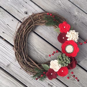 Christmas Wreath, Christmas Felt Flower Wreath, Christmas Grapevine Wreath, Christmas Decor, Rustic Christmas Wreath image 1