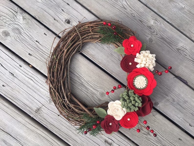 Christmas Wreath, Christmas Felt Flower Wreath, Christmas Grapevine Wreath, Christmas Decor, Rustic Christmas Wreath image 1