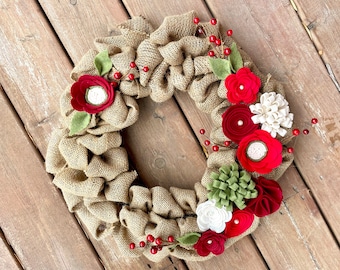 Christmas Burlap Wreath, Felt Flower Christmas Wreath