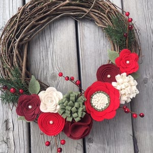 Christmas Wreath, Christmas Felt Flower Wreath, Christmas Grapevine Wreath, Christmas Decor, Rustic Christmas Wreath image 4