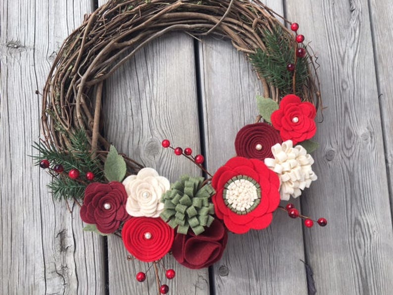 Christmas Wreath, Christmas Felt Flower Wreath, Christmas Grapevine Wreath, Christmas Decor, Rustic Christmas Wreath image 4