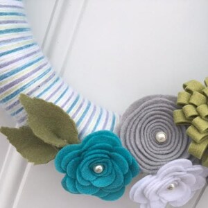 Spring Yarn Wreath, Felt Flowers Wreath, Aqua Green Stripe Wreath, Easter Wreath image 2