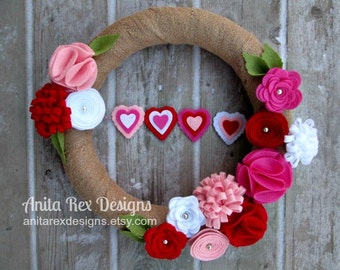 Valentines Day Wreath, Heart Banner Wreath, Pink Red White Felt Flower, Love Wreath, Valentine Wreath