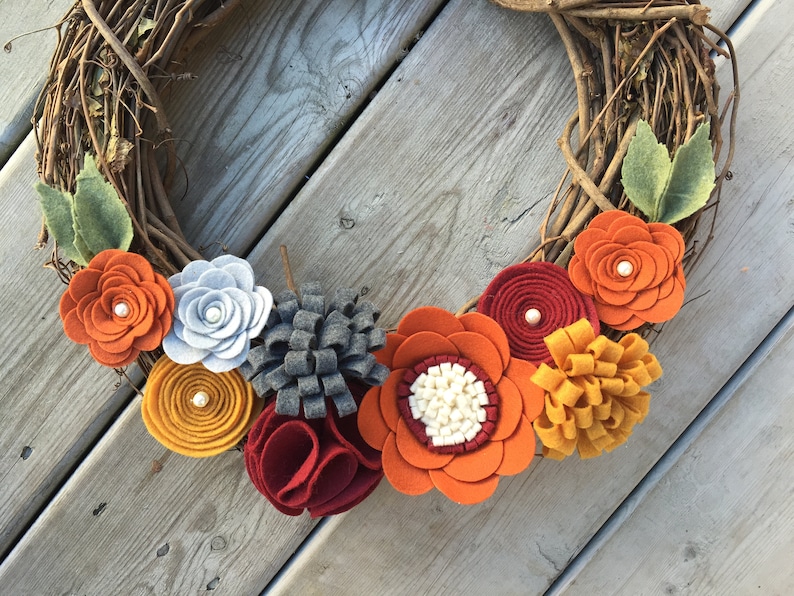 Fall Wreath, Fall Felt Floral Wreath, Thanksgiving Wreath, Fall Grapevine Wreath, Rustic Fall Wreath, Handmade Wreath, Fall Decor, image 3