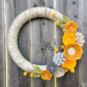 Mustard Yarn Wreath, Year Round Wreath, Felt Flower Wreath