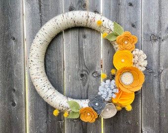 Mustard Yarn Wreath, Year Round Wreath, Felt Flower Wreath