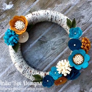 Yarn Wreath, Year Round Wreath, Birch Wreath, Mustard Teal Aqua Felt Flowers, All Year Wreath, Spring Wreath