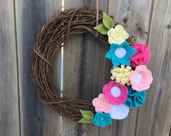 Spring Summer Felt Flower Wreath