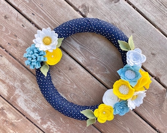 Navy Polka Dot Wreath, Yellow Blue Felt Flower Wreath, Daisy Wreath