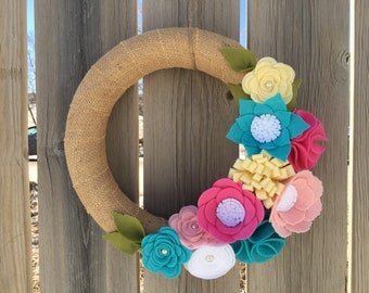 Spring Summer Wreath, Bright Wreath, Felt Flower Wreath, Front Door Wreath