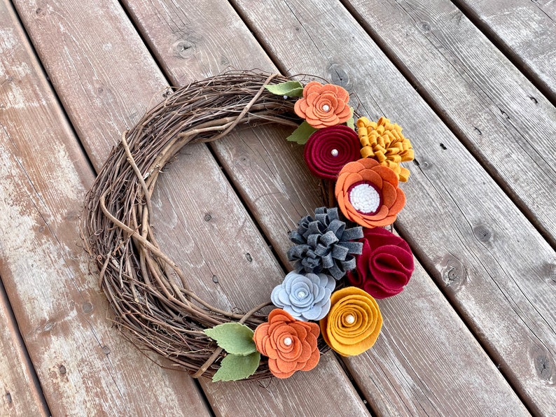 Fall Wreath, Fall Felt Floral Wreath, Thanksgiving Wreath, Fall Grapevine Wreath, Rustic Fall Wreath, Handmade Wreath, Fall Decor, image 4