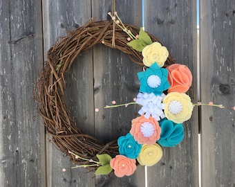 Easter Wreath, Spring Wreath, Grapevine Wreath, Rustic Wreath, Yellow Peach Blue Felt Flowers, Felt Floral Wreath, Front Door Wreath, Easter